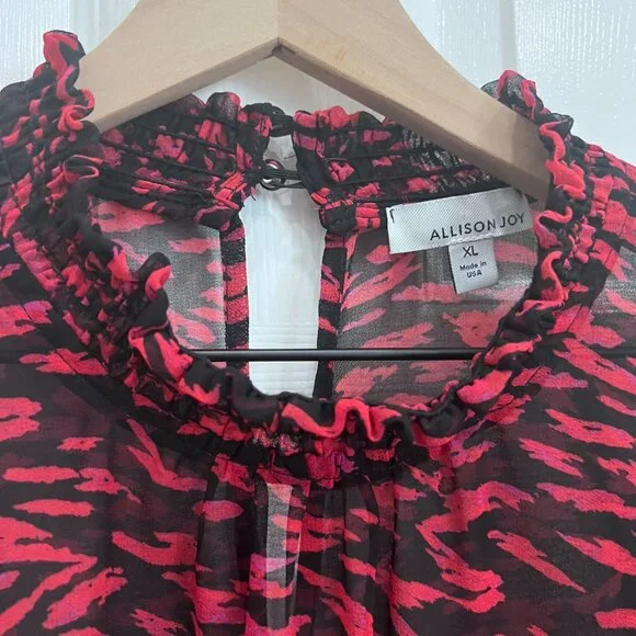 Allison Joy For Evereve XL Red Black Ruffle Blouse Long Sleeve Sheer Top - Picture 6 of 9